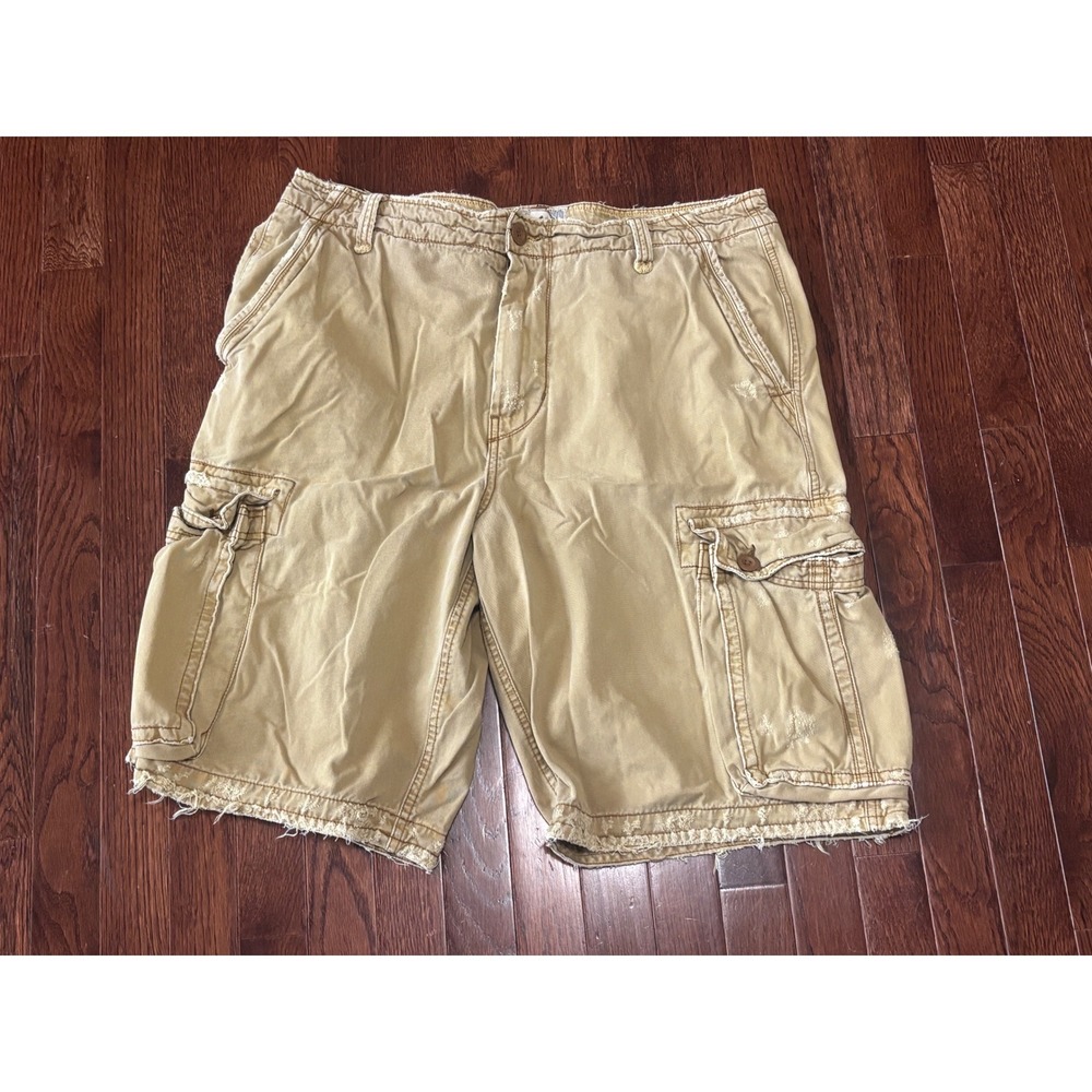 Y2K American Eagle Cargo Shorts Mens 36 Tan Longer Length Baggy Distressed
